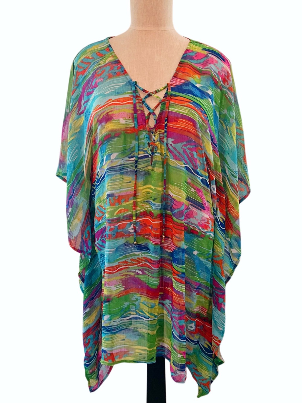 Ralph Lauren Multicolor Sheer Lace-Up V-Neck Swim Coverup Sz L-XL